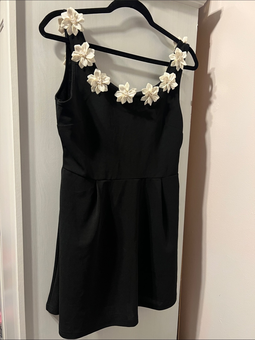 Black Floral Strap Party Dress with Ivory Flowers